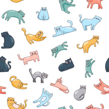 Sevimli komik kedi. Kusursuz desen. Kedi karakteri çizgi filmi. Vektör çizimi. Tasarım süslemeleri.