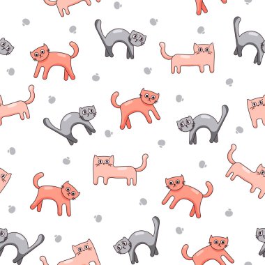 Sevimli komik kedi. Kusursuz desen. Kedi karakteri çizgi filmi. Vektör çizimi. Tasarım süslemeleri.