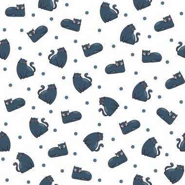 Sevimli komik kedi. Kusursuz desen. Kedi karakteri çizgi filmi. Vektör çizimi. Tasarım süslemeleri.