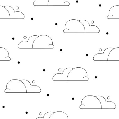 Kümülüs bulut çizgi filmi. Kusursuz desen. Boyama sayfası. Gökyüzü sembolü. Vektör çizimi. Tasarım süslemeleri.