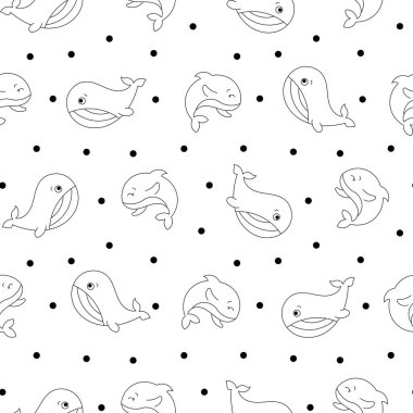 Çizgi filmdeki su hayvanları. Kusursuz desen. Boyama sayfası. Balık karakterleri sualtı dünyası. Deniz hayatı. Vektör çizimi. Tasarım süslemeleri.