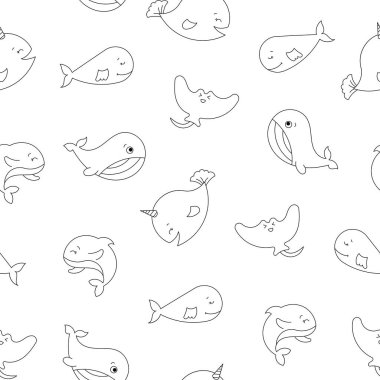 Çizgi filmdeki su hayvanları. Kusursuz desen. Boyama sayfası. Balık karakterleri sualtı dünyası. Deniz hayatı. Vektör çizimi. Tasarım süslemeleri.