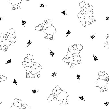 Koyun karakteri çizgi filmi. Kusursuz desen. Boyama sayfası. Şirin çiftlik hayvanı. Çiçek, ot ve bitki. Vektör çizimi. Tasarım süslemeleri.