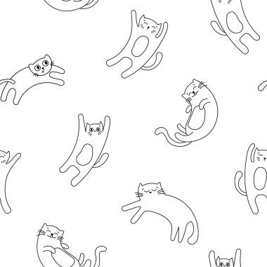 Sevimli komik kedi. Kusursuz desen. Boyama sayfası. Kedi karakteri çizgi filmi. Vektör çizimi. Tasarım süslemeleri.