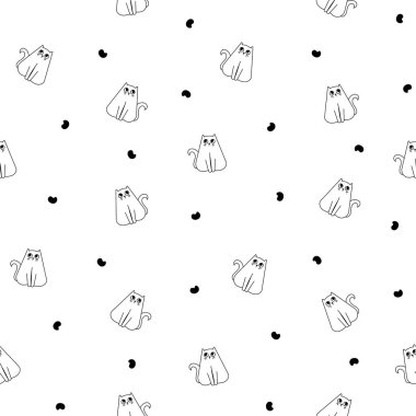 Sevimli komik kedi. Kusursuz desen. Boyama sayfası. Kedi karakteri çizgi filmi. Vektör çizimi. Tasarım süslemeleri.