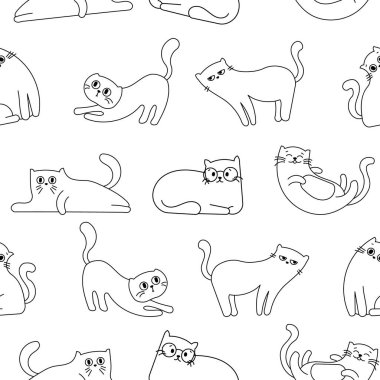 Sevimli komik kedi. Kusursuz desen. Boyama sayfası. Kedi karakteri çizgi filmi. Vektör çizimi. Tasarım süslemeleri.