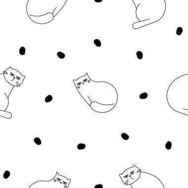 Sevimli komik kedi. Kusursuz desen. Boyama sayfası. Kedi karakteri çizgi filmi. Vektör çizimi. Tasarım süslemeleri.