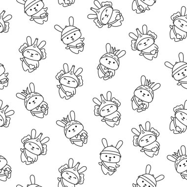 Çantalı sevimli kawaii tavşanı. Kusursuz desen. Boyama sayfası. Çizgi film karakteri. Komik tavşan. El çizimi stili. Vektör çizimi. Tasarım süslemeleri.