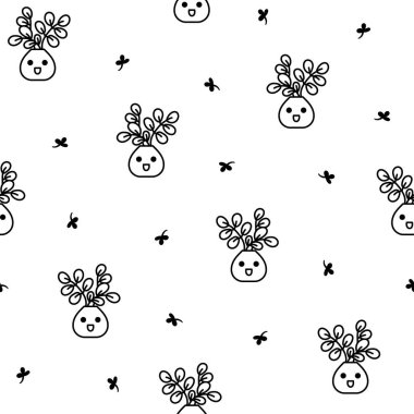 Şirin kawaii saksısı. Kusursuz desen. Boyama sayfası. Ev bitkileri karakteri. El çizimi stili. Vektör çizimi. Tasarım süslemeleri.