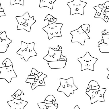 Şirin Kawaii, farklı mutlu ifade aktiviteleri olan bir karakter. Kusursuz desen. Boyama sayfası. El çizimi stili. Vektör çizimi. Tasarım süslemeleri.