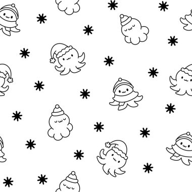 Şirin kawaii mutlu ahtapot. Kusursuz desen. Boyama sayfası. Çizgi film sualtı hayvanları karakterleri. El çizimi stili. Vektör çizimi. Tasarım süslemeleri.