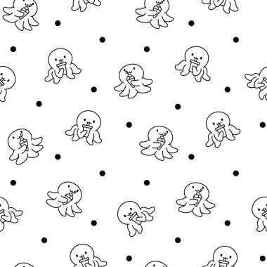 Şirin kawaii mutlu ahtapot. Kusursuz desen. Boyama sayfası. Çizgi film sualtı hayvanları karakterleri. El çizimi stili. Vektör çizimi. Tasarım süslemeleri.