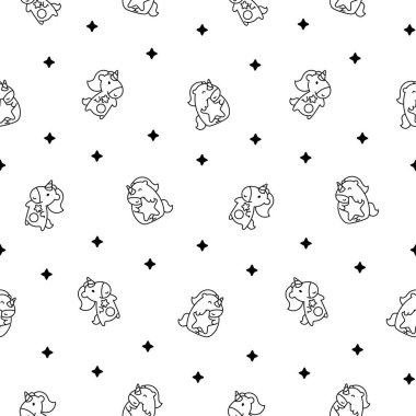 Şirin kawaii mutlu tek boynuzlu at. Kusursuz desen. Boyama sayfası. Çizgi film komik fantezi at karakterleri. El çizimi stili. Vektör çizimi. Tasarım süslemeleri.