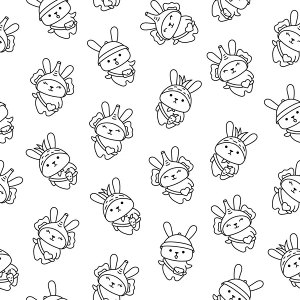 Çantalı sevimli kawaii tavşanı. Kusursuz desen. Boyama sayfası. Çizgi film karakteri. Komik tavşan. El çizimi stili. Vektör çizimi. Tasarım süslemeleri.