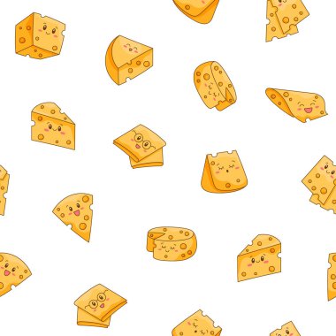 Şirin kawaii peyniri. Kusursuz desen. Komik, mutlu yemek karakterleri. Çocuk restoranı menüsü. El çizimi stili. Vektör çizimi. Tasarım süslemeleri.