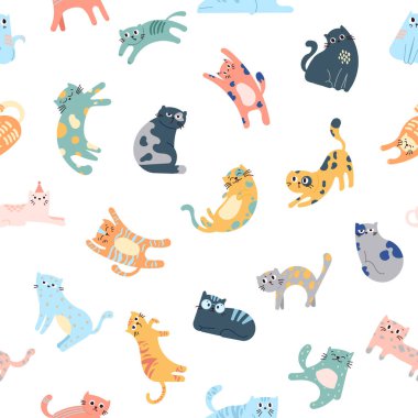 Sevimli komik kedi. Kusursuz desen. Kedi karakteri çizgi filmi. Vektör çizimi. Tasarım süslemeleri.