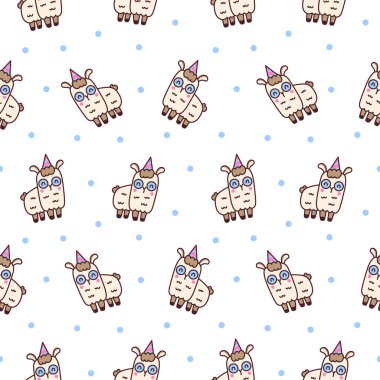 Şirin kawaii lama ya da alpaka. Kusursuz desen. Hayvanlar çizgi film karakteri. El çizimi stili. Vektör çizimi. Tasarım süslemeleri.