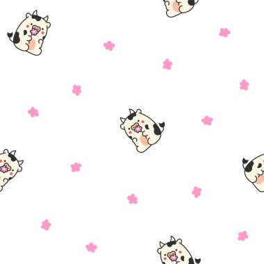 Şirin çizgi film kawaii ineği. Kusursuz desen. Hayvani komik karakterler. El çizimi stili. Vektör çizimi. Tasarım süslemeleri.