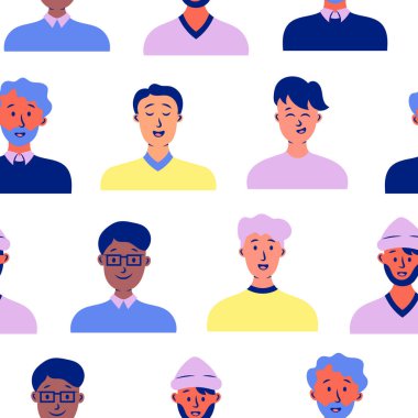 Erkekler avatarları. Kusursuz desen. Farklı saç stilleri ve kıyafetleri olan sıradan bir erkek portresi. Kullanıcı profilleri. El çizimi stili. Vektör çizimi. Tasarım süslemeleri.