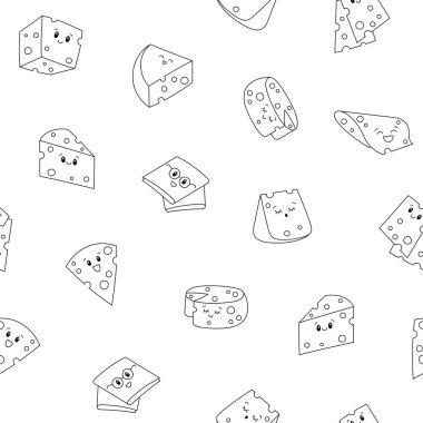 Şirin kawaii peyniri. Kusursuz desen. Boyama sayfası. Komik, mutlu yemek karakterleri. Çocuk restoranı menüsü. El çizimi stili. Vektör çizimi. Tasarım süslemeleri.