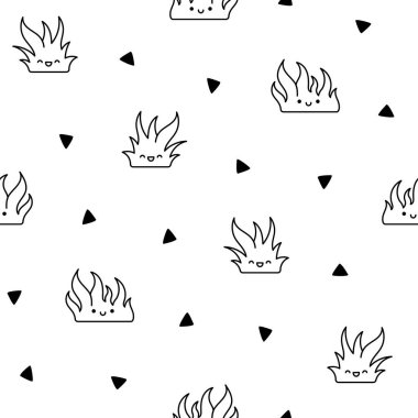 Kawaii doğal çimen. Kusursuz desen. Boyama sayfası. Çizgi film sevimli bahçe karakterleri. El çizimi stili. Vektör çizimi. Tasarım süslemeleri.