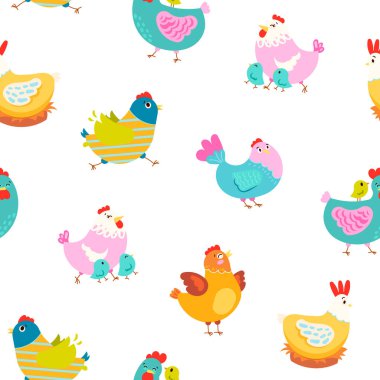 Tavuk horozu ve piliç. Kusursuz desen. Sevimli tavuk çiftliği karakterleri. Vektör çizimi. Tasarım süslemeleri.