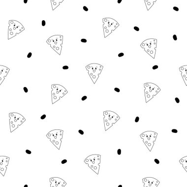 Şirin kawaii peyniri. Kusursuz desen. Boyama sayfası. Komik, mutlu yemek karakterleri. Çocuk restoranı menüsü. El çizimi stili. Vektör çizimi. Tasarım süslemeleri.