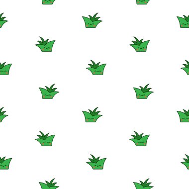 Kawaii doğal çimen. Kusursuz desen. Çizgi film sevimli bahçe karakterleri. El çizimi stili. Vektör çizimi. Tasarım süslemeleri.