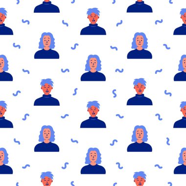 Erkekler avatarları. Kusursuz desen. Farklı saç stilleri ve kıyafetleri olan sıradan bir erkek portresi. Kullanıcı profilleri. El çizimi stili. Vektör çizimi. Tasarım süslemeleri.