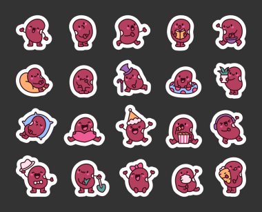 Sevimli organik fasulye tohumu karakteri. Etiket Yer İmi. Komik çizgi film yemekleri. El çizimi stili. Vektör çizimi. Tasarım elementlerinin koleksiyonu.