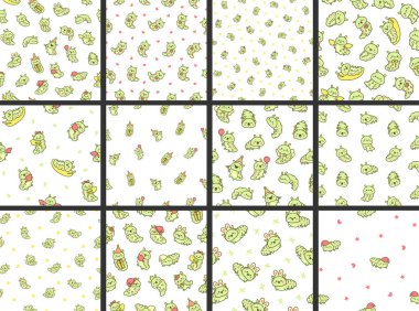 Şirin kawaii tırtılı. Kusursuz desen. Çizgi film küçük böcek karakterleri. El çizimi stili. Vektör çizimi. Tasarım süslemeleri koleksiyonu.