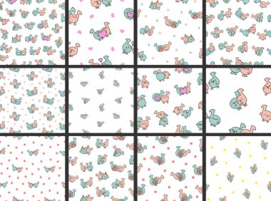 Şirin çift Kawaii müzik notaları. Kusursuz desen. Çizgi film karakteri. El çizimi stili. Vektör çizimi. Tasarım süslemeleri koleksiyonu.