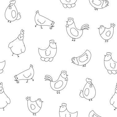 Tavuk horozu ve piliç. Kusursuz desen. Boyama sayfası. Sevimli tavuk çiftliği karakterleri. Vektör çizimi. Tasarım süslemeleri.