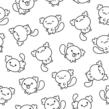 Şirin kawaii axolotl. Kusursuz desen. Boyama sayfası. Çizgi film komik hayvan karakterleri. El çizimi stili. Vektör çizimi. Tasarım süslemeleri.