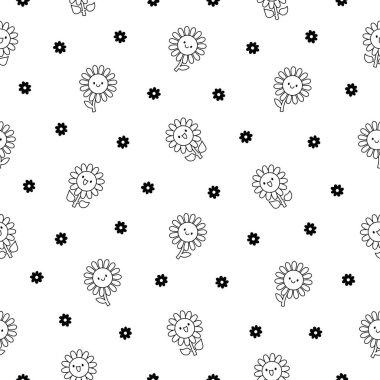 Kawaii tatlı ayçiçeği. Kusursuz desen. Boyama sayfası. Mutlu gülüşlü çizgi film karakterleri. El çizimi stili. Vektör çizimi. Tasarım süslemeleri.