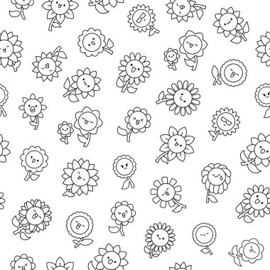 Kawaii tatlı ayçiçeği. Kusursuz desen. Boyama sayfası. Mutlu gülüşlü çizgi film karakterleri. El çizimi stili. Vektör çizimi. Tasarım süslemeleri.