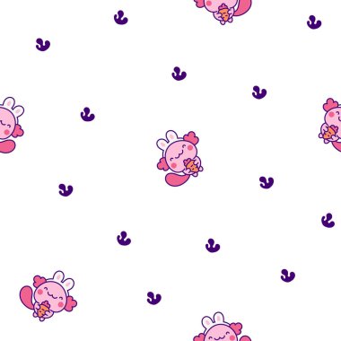 Şirin kawaii axolotl. Kusursuz desen. Çizgi film komik hayvan karakterleri. El çizimi stili. Vektör çizimi. Tasarım süslemeleri.