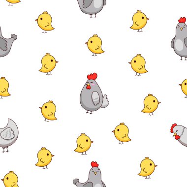 Tavuk horozu ve piliç. Kusursuz desen. Sevimli tavuk çiftliği karakterleri. Vektör çizimi. Tasarım süslemeleri.