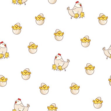 Tavuk horozu ve piliç. Kusursuz desen. Sevimli tavuk çiftliği karakterleri. Vektör çizimi. Tasarım süslemeleri.