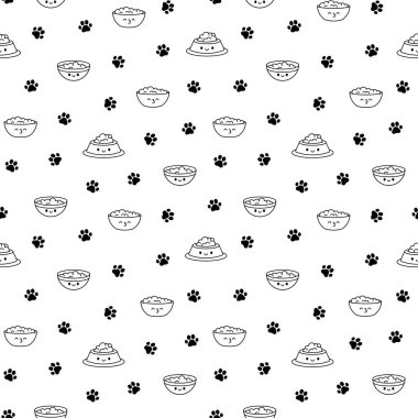 Mutlu yüzlü evcil hayvanlar kasesi. Kusursuz desen. Boyama sayfası. Kediler ve köpekler için yemek. Çizgi film kawaii karakteri. El çizimi stili. Vektör çizimi.