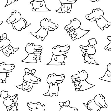 Şirin kawaii timsahı. Kusursuz desen. Boyama sayfası. Çizgi film tapılası hayvan karakterleri. El çizimi stili. Vektör çizimi. Tasarım süslemeleri.