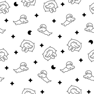 Şirin kawaii timsahı. Kusursuz desen. Boyama sayfası. Çizgi film tapılası hayvan karakterleri. El çizimi stili. Vektör çizimi. Tasarım süslemeleri.