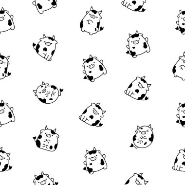 Şirin çizgi film kawaii ineği. Kusursuz desen. Boyama sayfası. Hayvani komik karakterler. El çizimi stili. Vektör çizimi. Tasarım süslemeleri.