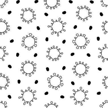 Bakteri, virüs, mikrop, mikrop ve patojen. Kusursuz desen. Boyama sayfası. Sağlık sigortası. El çizimi stili. Vektör çizimi. Tasarım süslemeleri.