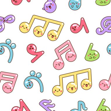 Şirin kawaii müzik notaları. Kusursuz desen. Komik çizgi film karakteri. El çizimi stili. Vektör çizimi. Tasarım süslemeleri.