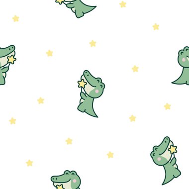 Şirin kawaii timsahı. Kusursuz desen. Çizgi film tapılası hayvan karakterleri. El çizimi stili. Vektör çizimi. Tasarım süslemeleri.