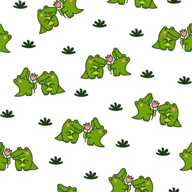 Tatlı çift timsah karakterleri. Kusursuz desen. Komik arkadaşlar timsah çizgi film hayvanı. El çizimi stili. Vektör çizimi. Tasarım süslemeleri.