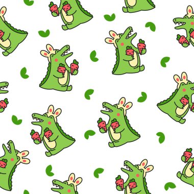 Farklı aktivitelere katılan sevimli timsah karakteri. Kusursuz desen. Komik, sevimli çizgi film hayvanı. El çizimi stili. Vektör çizimi. Tasarım süslemeleri.