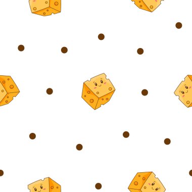 Şirin kawaii peyniri. Kusursuz desen. Komik, mutlu yemek karakterleri. Çocuk restoranı menüsü. El çizimi stili. Vektör çizimi. Tasarım süslemeleri.