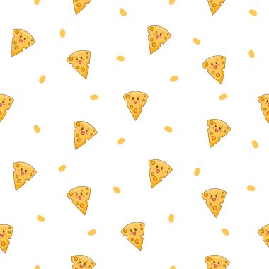 Şirin kawaii peyniri. Kusursuz desen. Komik, mutlu yemek karakterleri. Çocuk restoranı menüsü. El çizimi stili. Vektör çizimi. Tasarım süslemeleri.